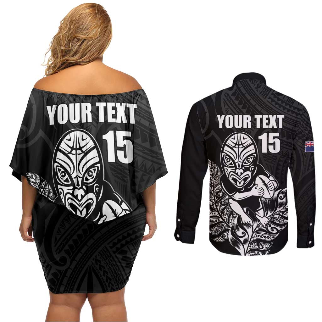 New Zealand Silver Fern Rugby Custom Couples Matching Off Shoulder Short Dress and Long Sleeve Button Shirt Maori Tiki Black Version LT15 - Polynesian Pride