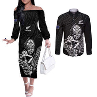 New Zealand Silver Fern Rugby Custom Couples Matching Off The Shoulder Long Sleeve Dress and Long Sleeve Button Shirt Maori Tiki Black Version LT15 Black - Polynesian Pride