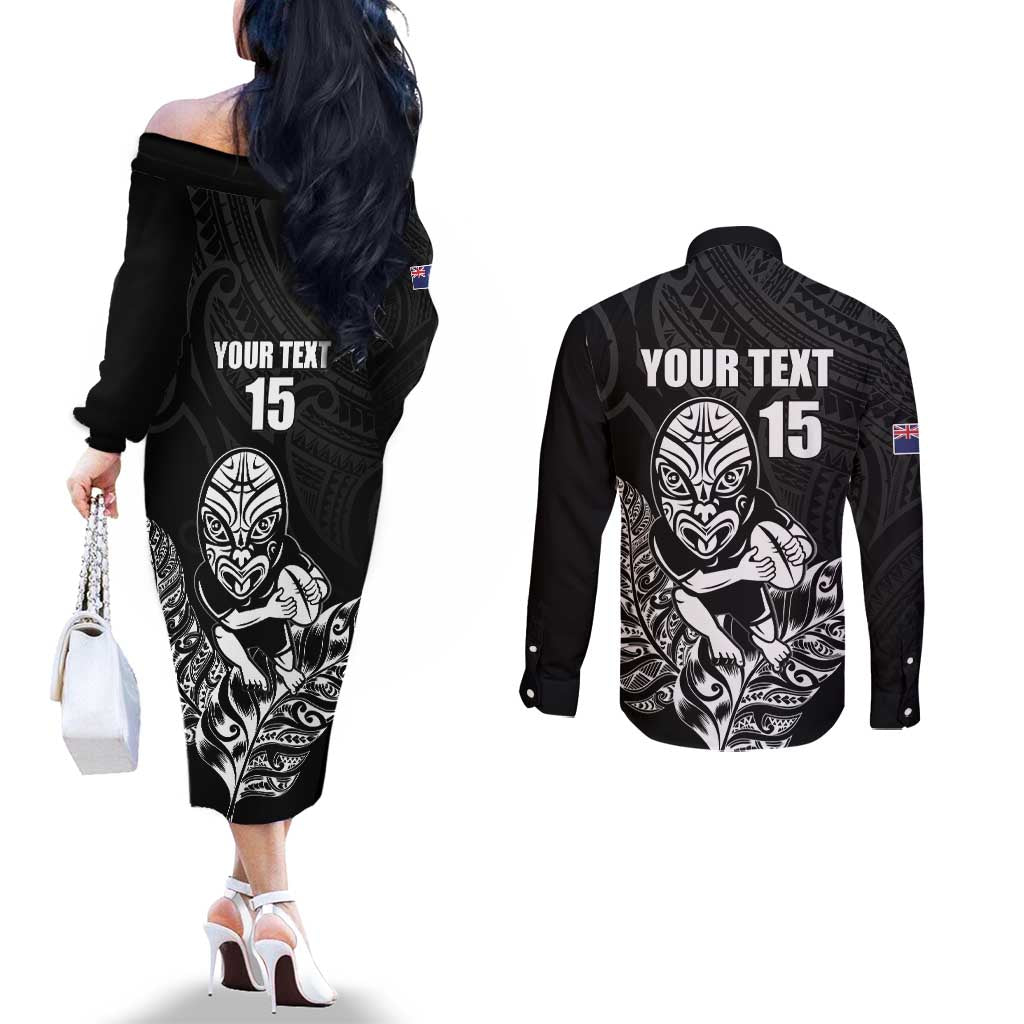 New Zealand Silver Fern Rugby Custom Couples Matching Off The Shoulder Long Sleeve Dress and Long Sleeve Button Shirt Maori Tiki Black Version LT15 - Polynesian Pride