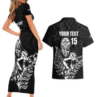 New Zealand Silver Fern Rugby Custom Couples Matching Short Sleeve Bodycon Dress and Hawaiian Shirt Maori Tiki Black Version LT15 - Polynesian Pride