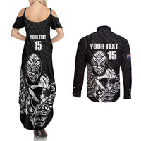 New Zealand Silver Fern Rugby Custom Couples Matching Summer Maxi Dress and Long Sleeve Button Shirt Maori Tiki Black Version LT15 - Polynesian Pride