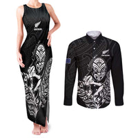 New Zealand Silver Fern Rugby Custom Couples Matching Tank Maxi Dress and Long Sleeve Button Shirt Maori Tiki Black Version LT15 Black - Polynesian Pride