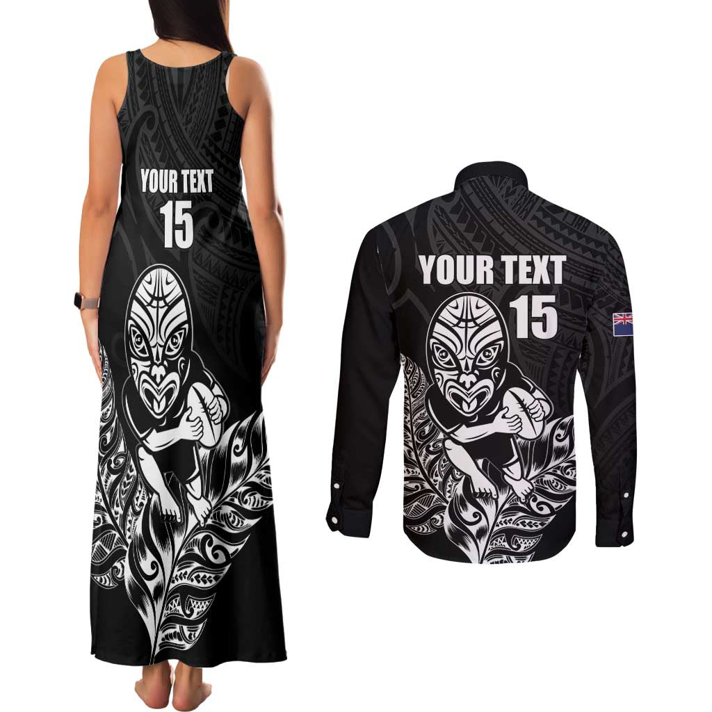 New Zealand Silver Fern Rugby Custom Couples Matching Tank Maxi Dress and Long Sleeve Button Shirt Maori Tiki Black Version LT15 - Polynesian Pride