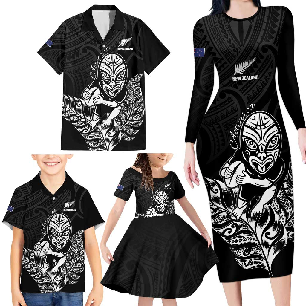 New Zealand Silver Fern Rugby Custom Family Matching Long Sleeve Bodycon Dress and Hawaiian Shirt Maori Tiki Black Version LT15 - Polynesian Pride