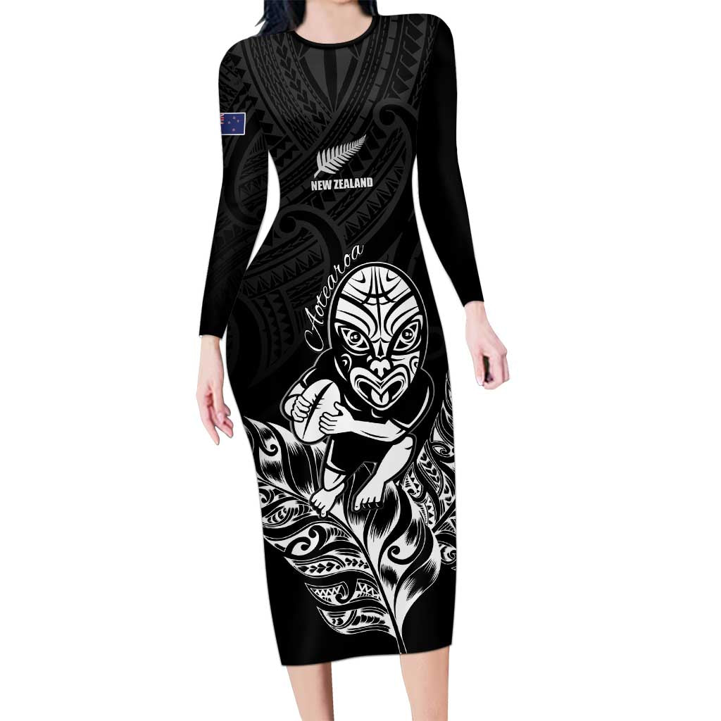 New Zealand Silver Fern Rugby Custom Family Matching Long Sleeve Bodycon Dress and Hawaiian Shirt Maori Tiki Black Version LT15 Mom's Dress Black - Polynesian Pride