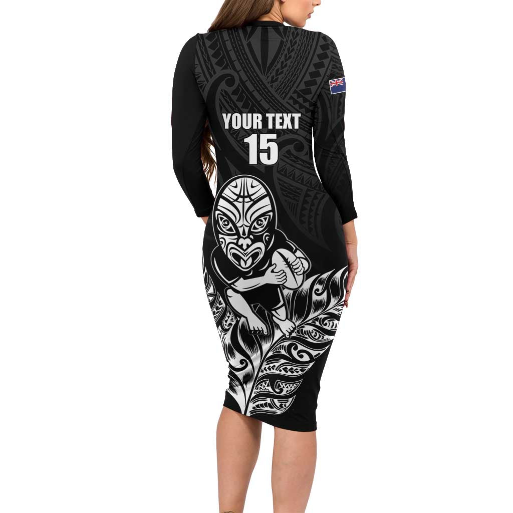 New Zealand Silver Fern Rugby Custom Family Matching Long Sleeve Bodycon Dress and Hawaiian Shirt Maori Tiki Black Version LT15 - Polynesian Pride