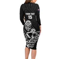 New Zealand Silver Fern Rugby Custom Family Matching Long Sleeve Bodycon Dress and Hawaiian Shirt Maori Tiki Black Version LT15 - Polynesian Pride
