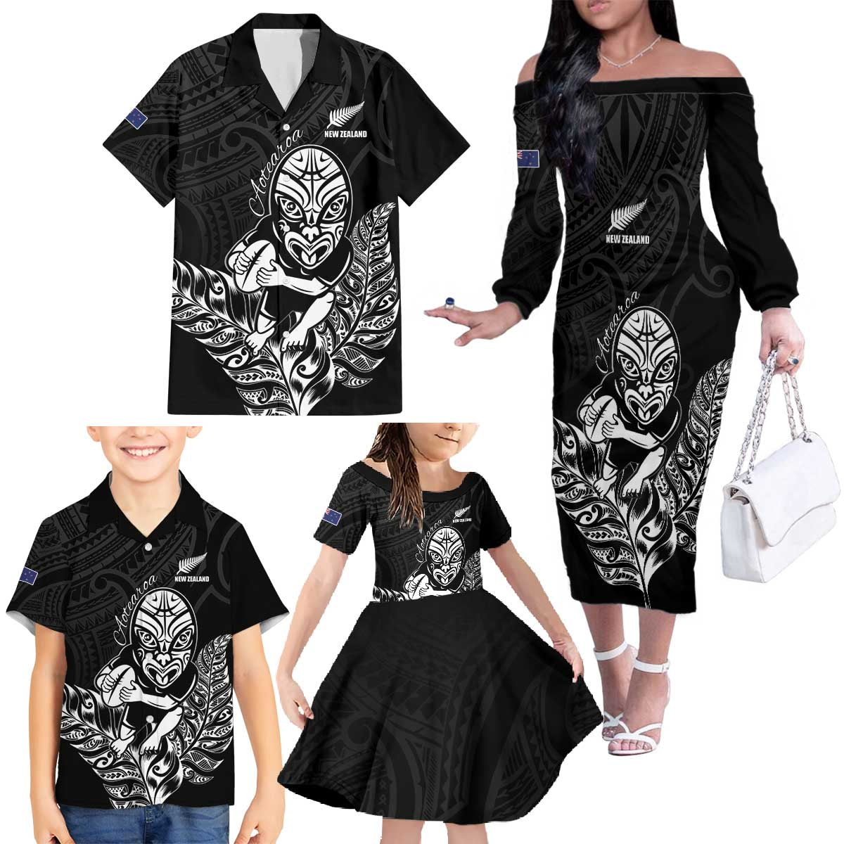 New Zealand Silver Fern Rugby Custom Family Matching Off The Shoulder Long Sleeve Dress and Hawaiian Shirt Maori Tiki Black Version LT15 - Polynesian Pride