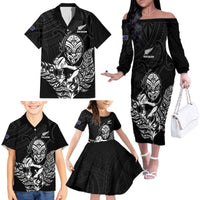 New Zealand Silver Fern Rugby Custom Family Matching Off The Shoulder Long Sleeve Dress and Hawaiian Shirt Maori Tiki Black Version LT15 - Polynesian Pride