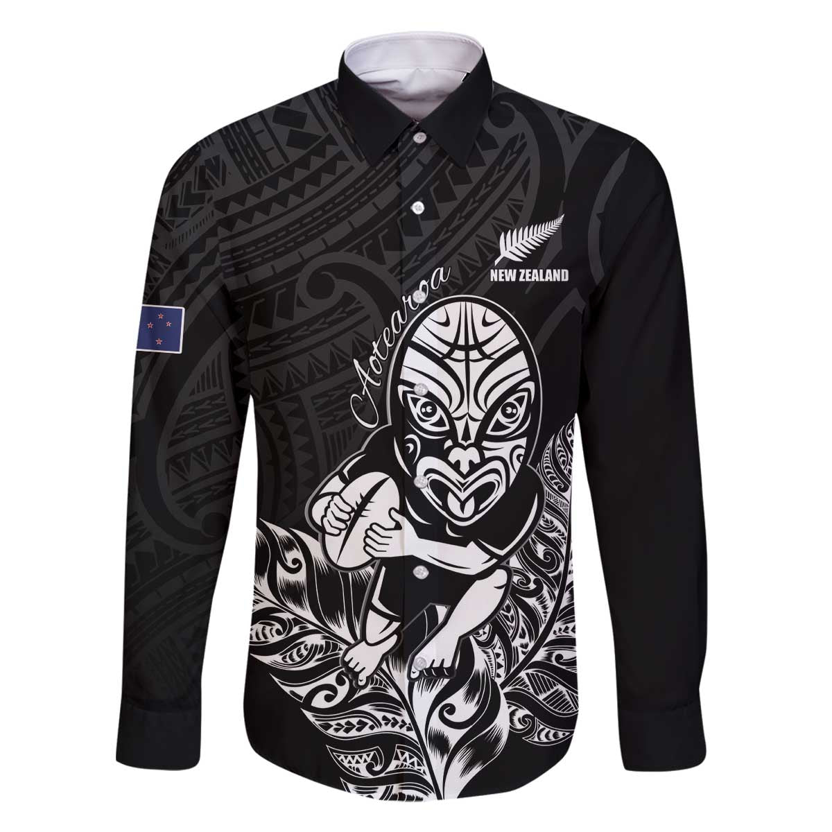 New Zealand Silver Fern Rugby Custom Family Matching Off The Shoulder Long Sleeve Dress and Hawaiian Shirt Maori Tiki Black Version LT15 Dad's Shirt - Long Sleeve Black - Polynesian Pride