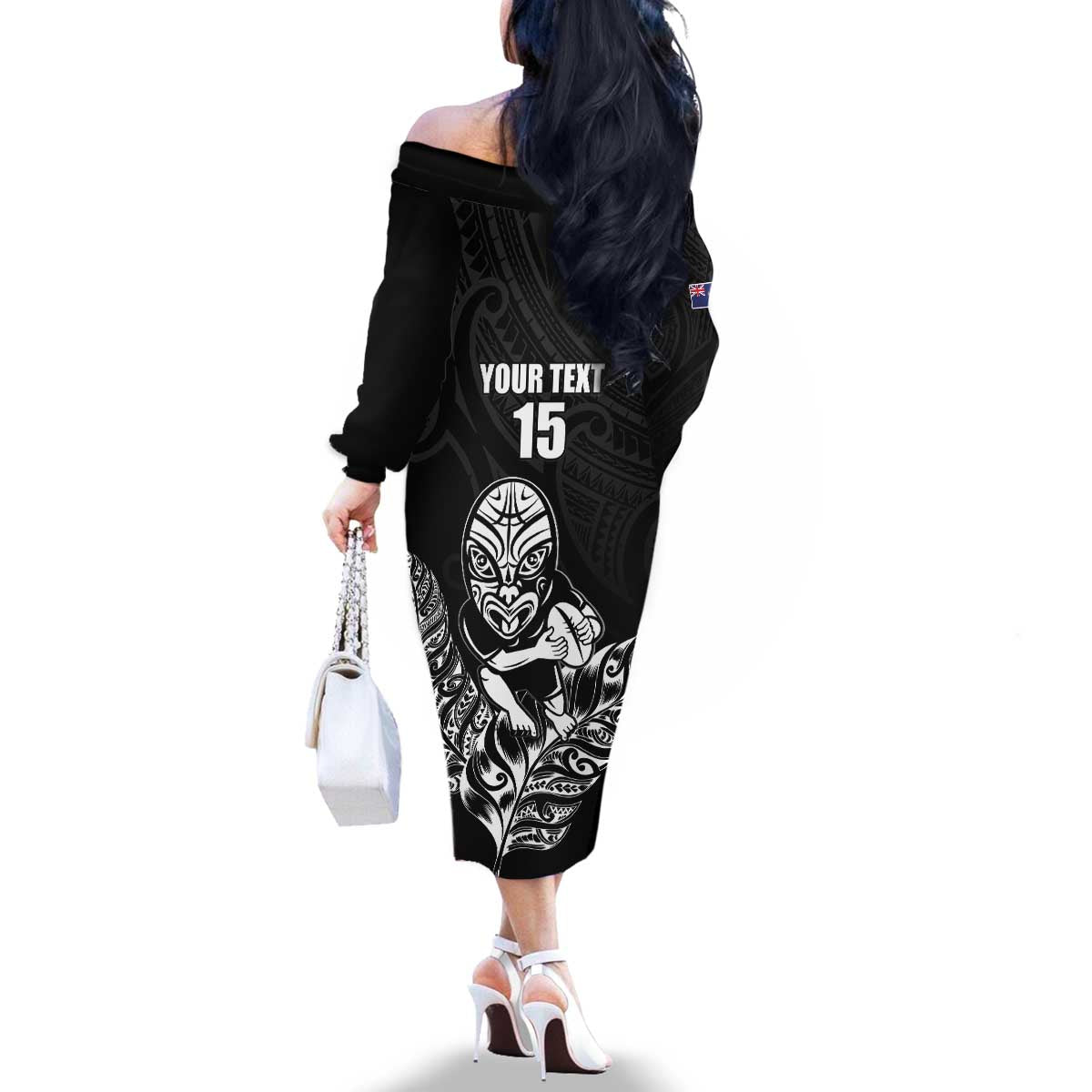 New Zealand Silver Fern Rugby Custom Family Matching Off The Shoulder Long Sleeve Dress and Hawaiian Shirt Maori Tiki Black Version LT15 - Polynesian Pride