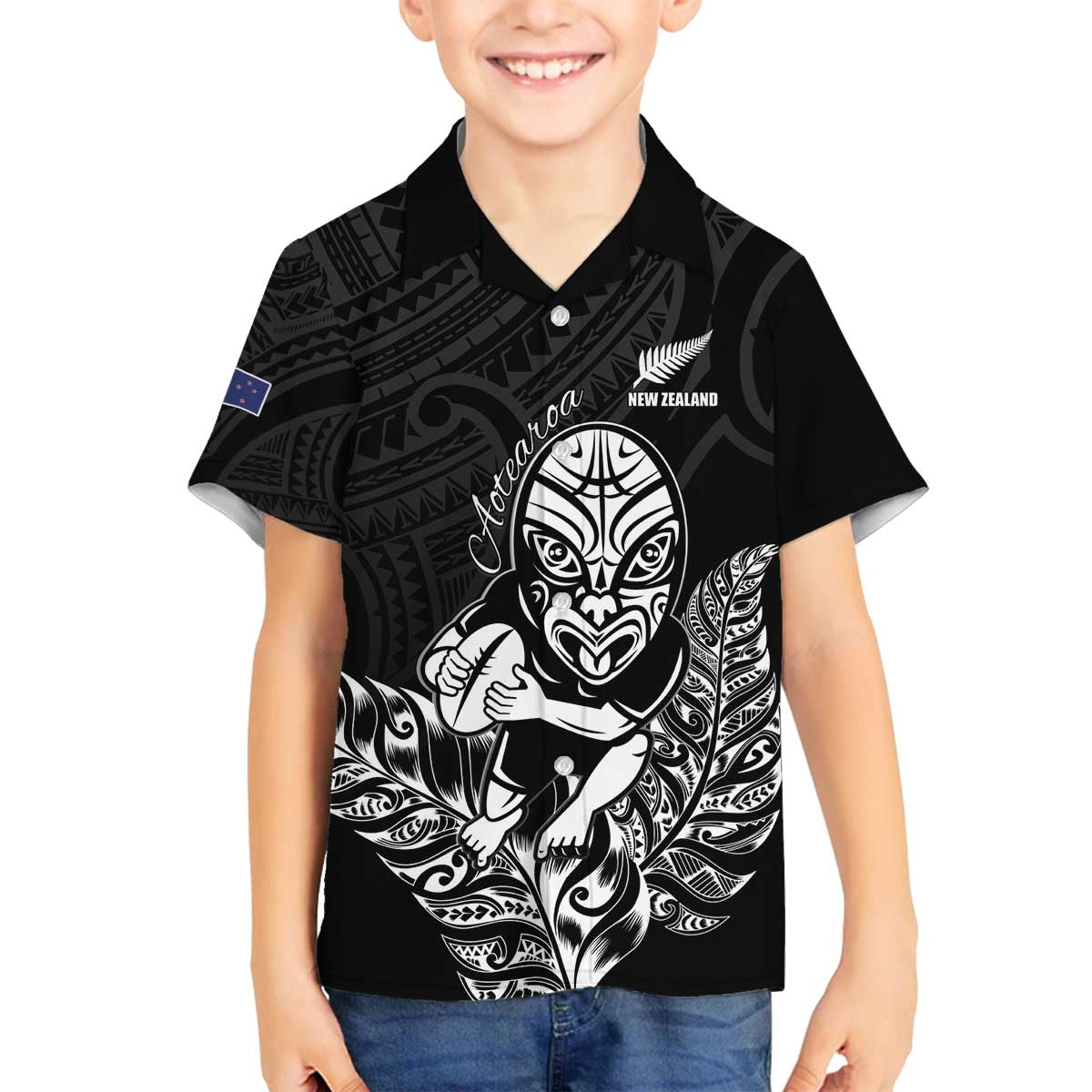 New Zealand Silver Fern Rugby Custom Family Matching Off The Shoulder Long Sleeve Dress and Hawaiian Shirt Maori Tiki Black Version LT15 Son's Shirt Black - Polynesian Pride