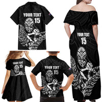 New Zealand Silver Fern Rugby Custom Family Matching Off Shoulder Maxi Dress and Hawaiian Shirt Maori Tiki Black Version LT15 - Polynesian Pride
