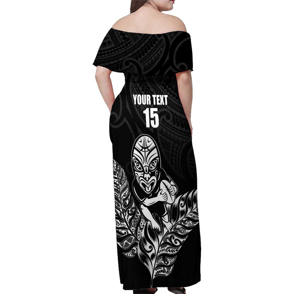New Zealand Silver Fern Rugby Custom Family Matching Off Shoulder Maxi Dress and Hawaiian Shirt Maori Tiki Black Version LT15 - Polynesian Pride