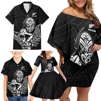 New Zealand Silver Fern Rugby Custom Family Matching Off Shoulder Short Dress and Hawaiian Shirt Maori Tiki Black Version LT15 - Polynesian Pride