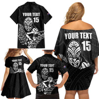 New Zealand Silver Fern Rugby Custom Family Matching Off Shoulder Short Dress and Hawaiian Shirt Maori Tiki Black Version LT15 - Polynesian Pride