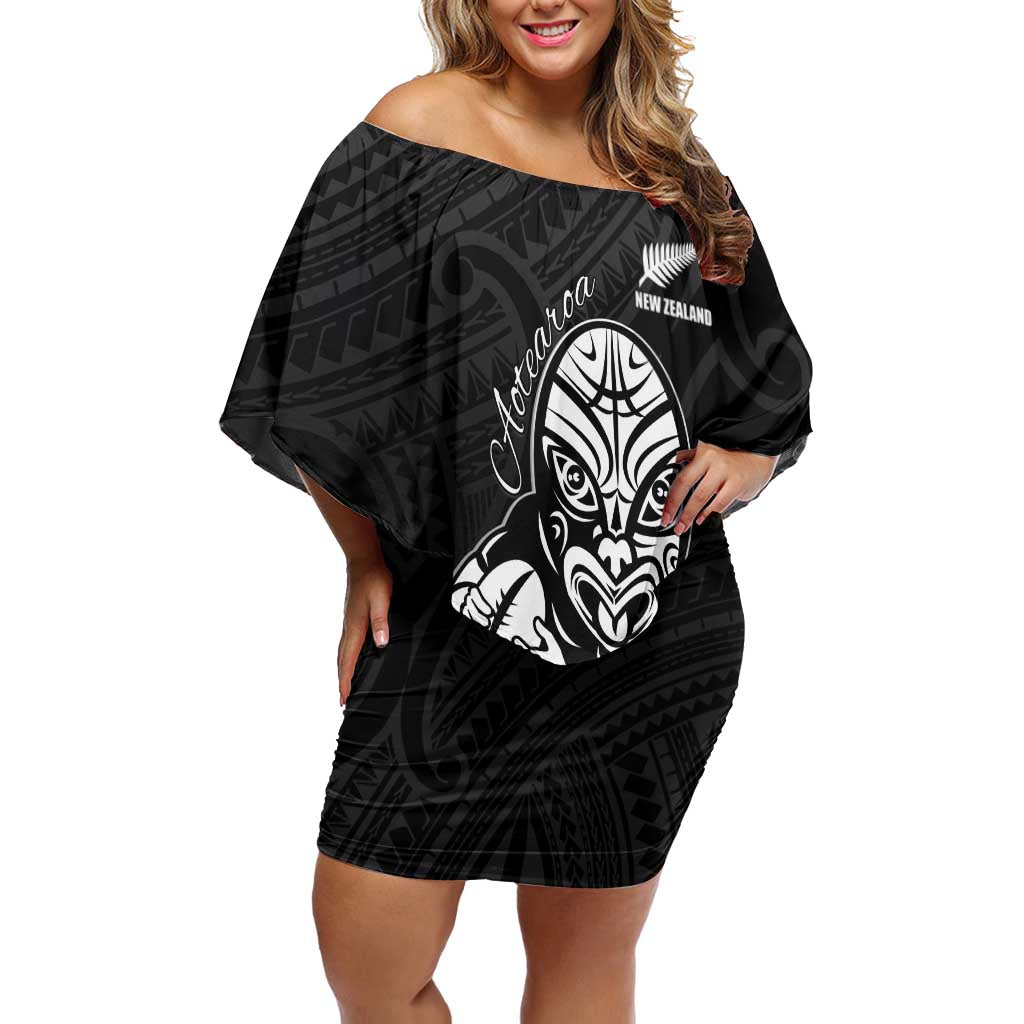 New Zealand Silver Fern Rugby Custom Family Matching Off Shoulder Short Dress and Hawaiian Shirt Maori Tiki Black Version LT15 Mom's Dress Black - Polynesian Pride