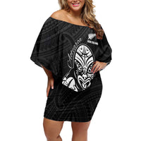 New Zealand Silver Fern Rugby Custom Family Matching Off Shoulder Short Dress and Hawaiian Shirt Maori Tiki Black Version LT15 Mom's Dress Black - Polynesian Pride