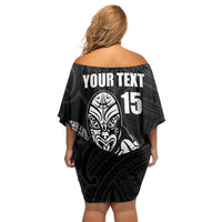 New Zealand Silver Fern Rugby Custom Family Matching Off Shoulder Short Dress and Hawaiian Shirt Maori Tiki Black Version LT15 - Polynesian Pride