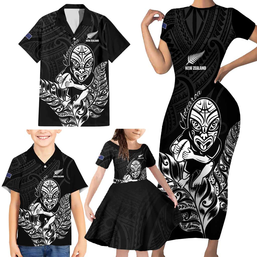 New Zealand Silver Fern Rugby Custom Family Matching Short Sleeve Bodycon Dress and Hawaiian Shirt Maori Tiki Black Version LT15 - Polynesian Pride