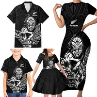 New Zealand Silver Fern Rugby Custom Family Matching Short Sleeve Bodycon Dress and Hawaiian Shirt Maori Tiki Black Version LT15 - Polynesian Pride