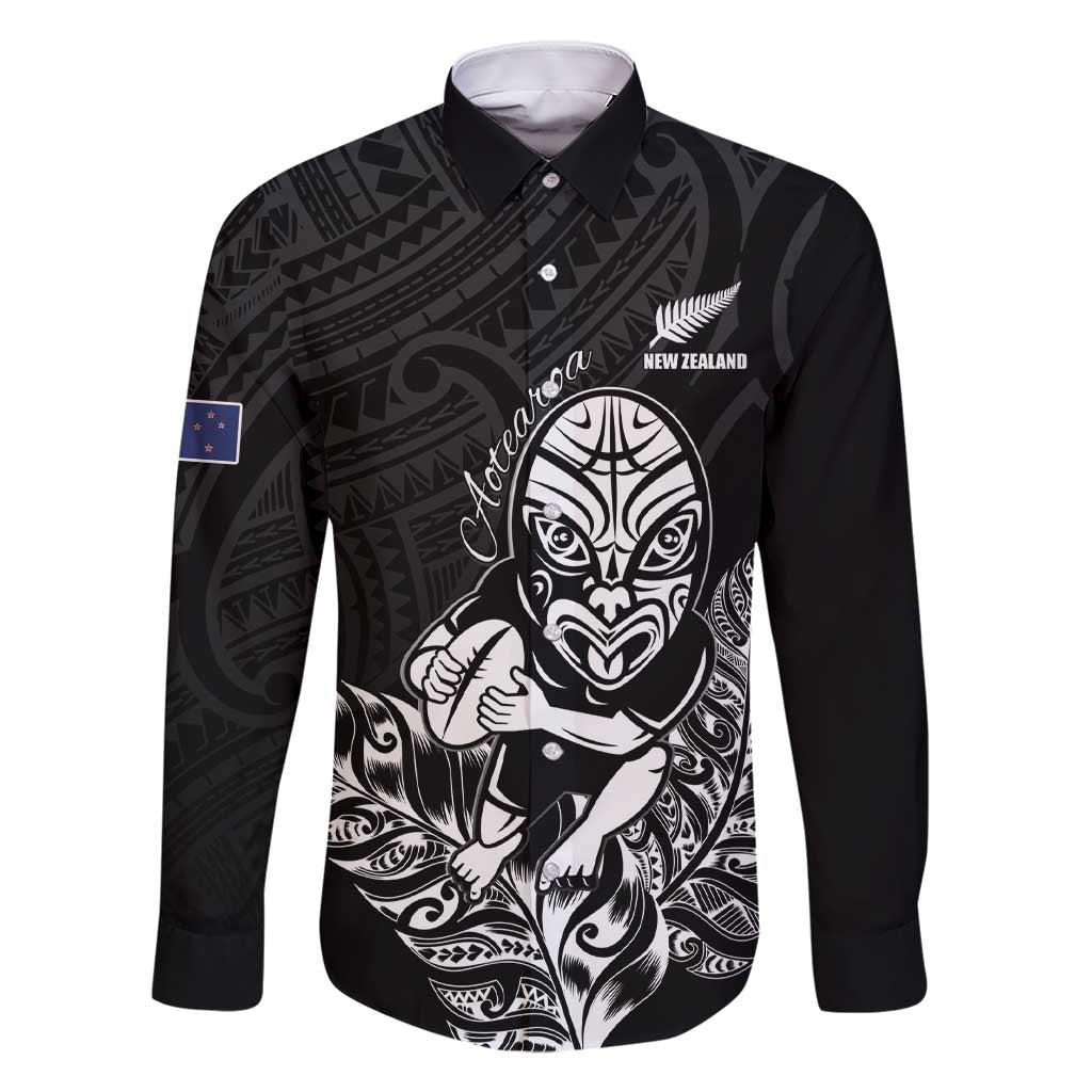 New Zealand Silver Fern Rugby Custom Family Matching Short Sleeve Bodycon Dress and Hawaiian Shirt Maori Tiki Black Version LT15 Dad's Shirt - Long Sleeve Black - Polynesian Pride