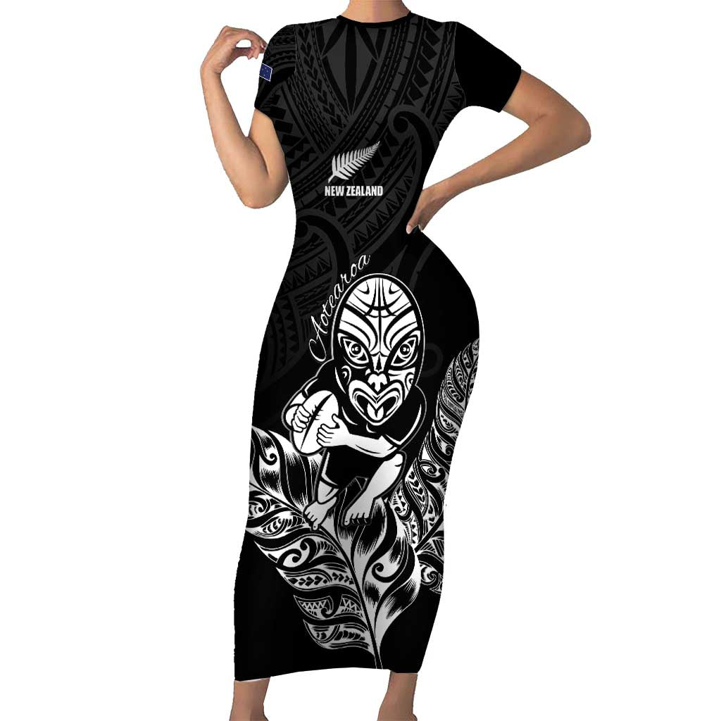 New Zealand Silver Fern Rugby Custom Family Matching Short Sleeve Bodycon Dress and Hawaiian Shirt Maori Tiki Black Version LT15 Mom's Dress Black - Polynesian Pride