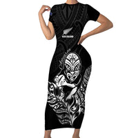 New Zealand Silver Fern Rugby Custom Family Matching Short Sleeve Bodycon Dress and Hawaiian Shirt Maori Tiki Black Version LT15 Mom's Dress Black - Polynesian Pride
