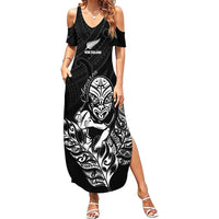 New Zealand Silver Fern Rugby Custom Family Matching Summer Maxi Dress and Hawaiian Shirt Maori Tiki Black Version LT15 Mom's Dress Black - Polynesian Pride