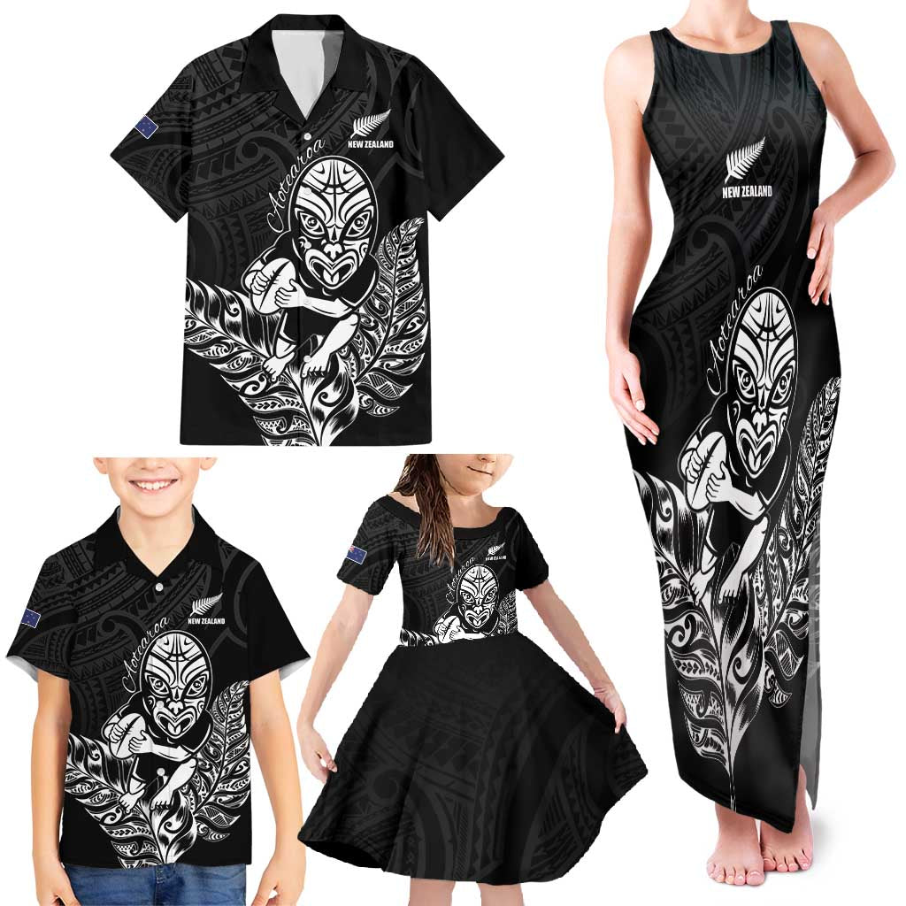 New Zealand Silver Fern Rugby Custom Family Matching Tank Maxi Dress and Hawaiian Shirt Maori Tiki Black Version LT15 - Polynesian Pride