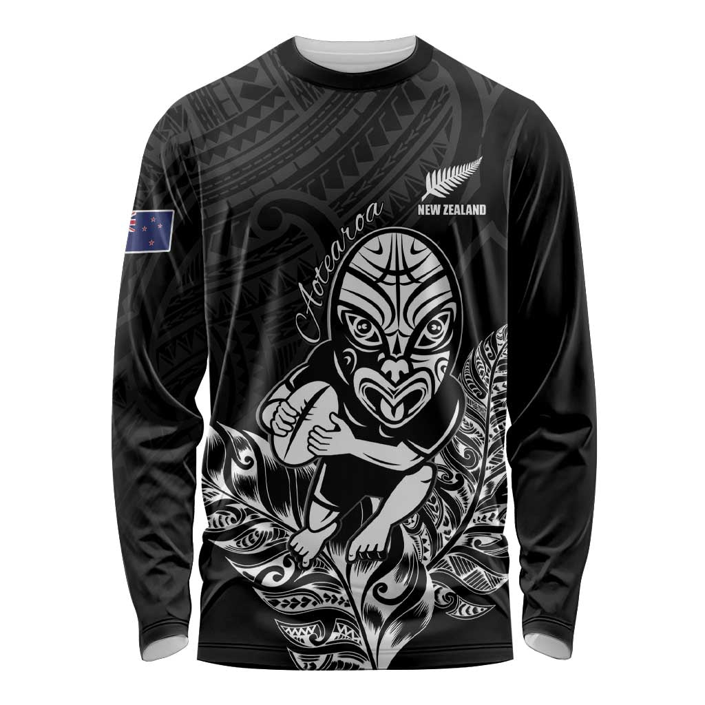 New Zealand Silver Fern Rugby Custom Long Sleeve Shirt Maori Tiki Black Version