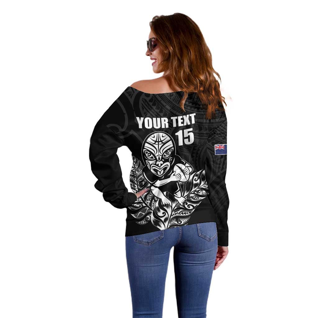 New Zealand Silver Fern Rugby Custom Off Shoulder Sweater Maori Tiki Black Version