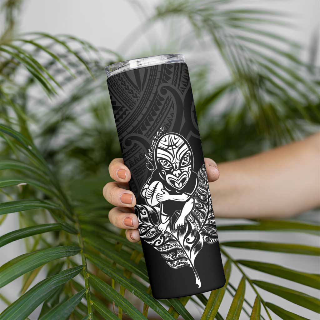 New Zealand Silver Fern Rugby Custom Skinny Tumbler Maori Tiki Black Version LT15 - Polynesian Pride