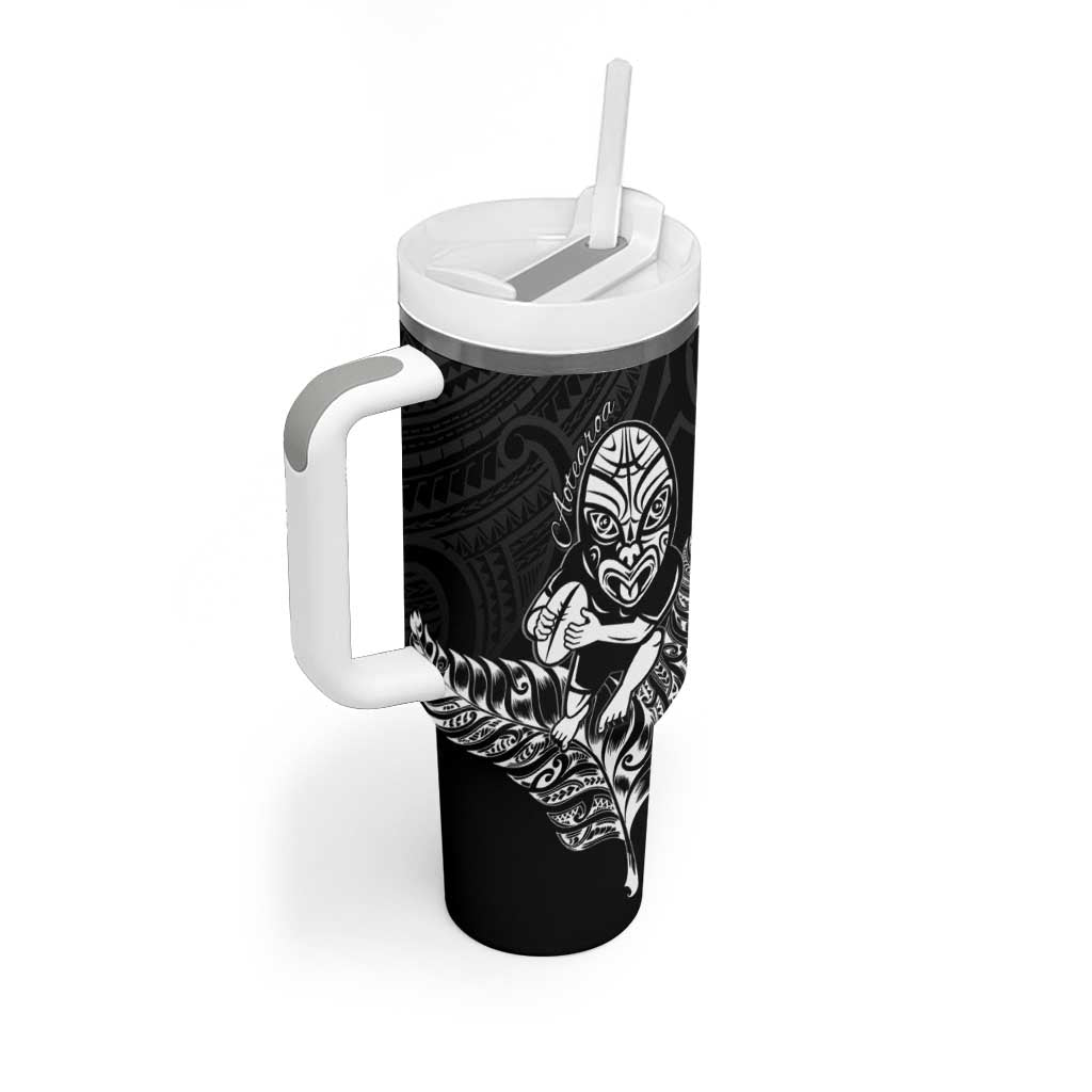 New Zealand Silver Fern Rugby Custom Tumbler With Handle Maori Tiki Black Version