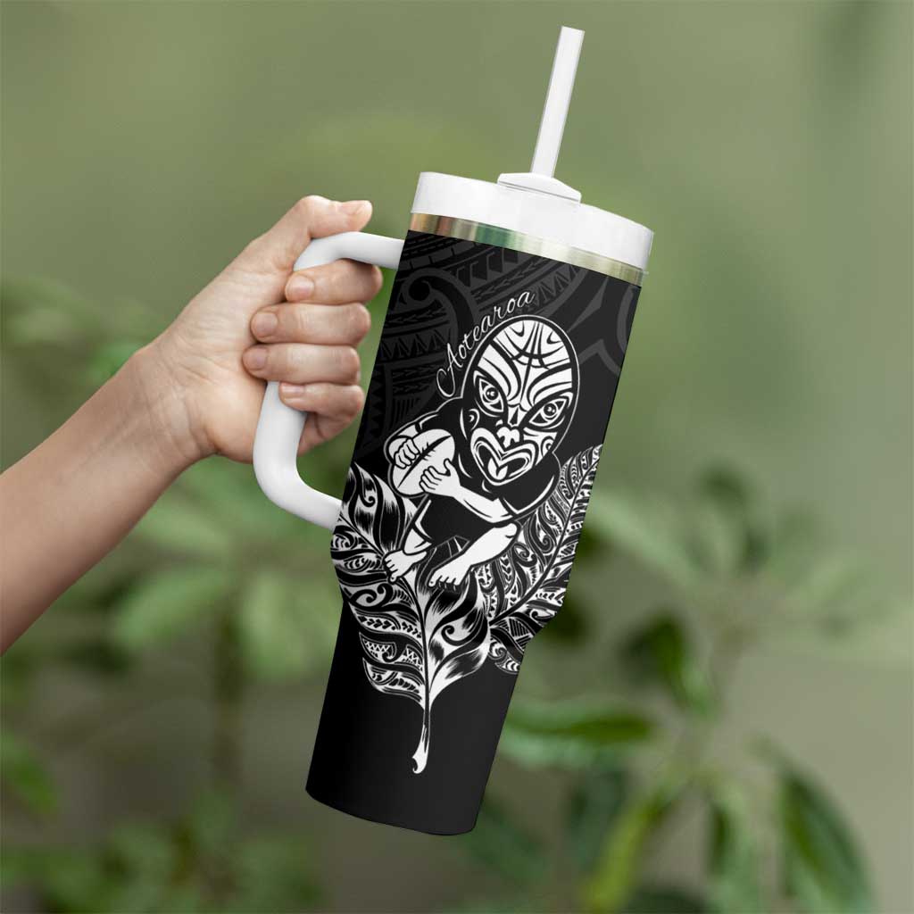 New Zealand Silver Fern Rugby Custom Tumbler With Handle Maori Tiki Black Version