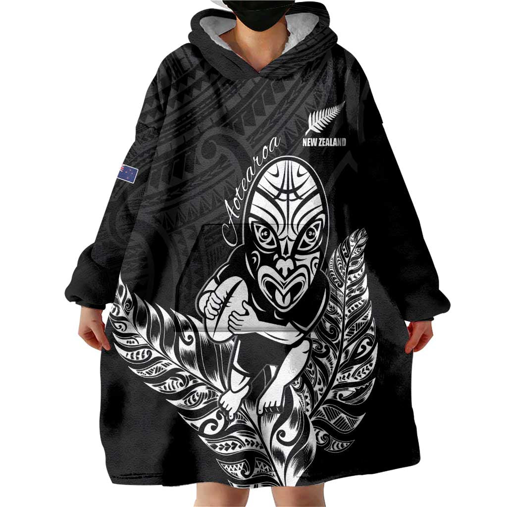 New Zealand Silver Fern Rugby Custom Wearable Blanket Hoodie Maori Tiki Black Version