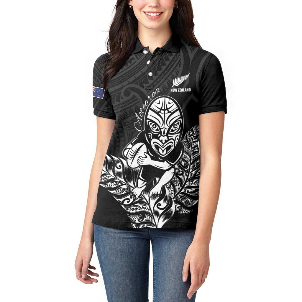 New Zealand Silver Fern Rugby Custom Women Polo Shirt Maori Tiki Black Version