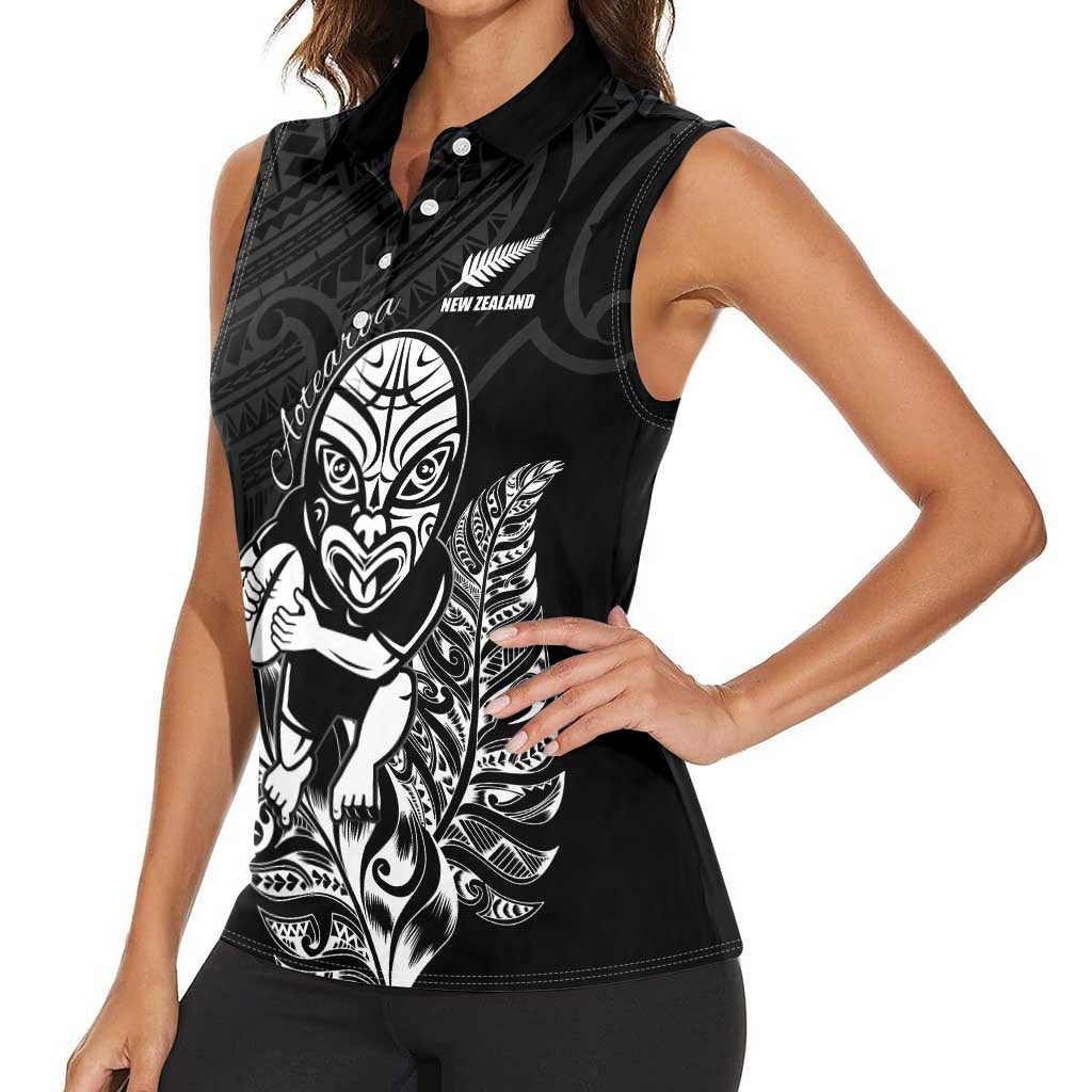 New Zealand Silver Fern Rugby Custom Women Sleeveless Polo Shirt Maori Tiki Black Version