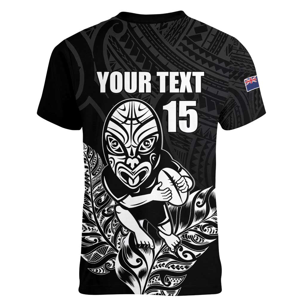 New Zealand Silver Fern Rugby Custom Women V-Neck T-Shirt Maori Tiki Black Version LT15 - Polynesian Pride