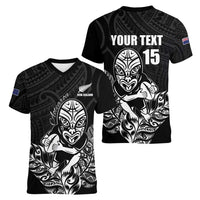New Zealand Silver Fern Rugby Custom Women V-Neck T-Shirt Maori Tiki Black Version LT15 - Polynesian Pride