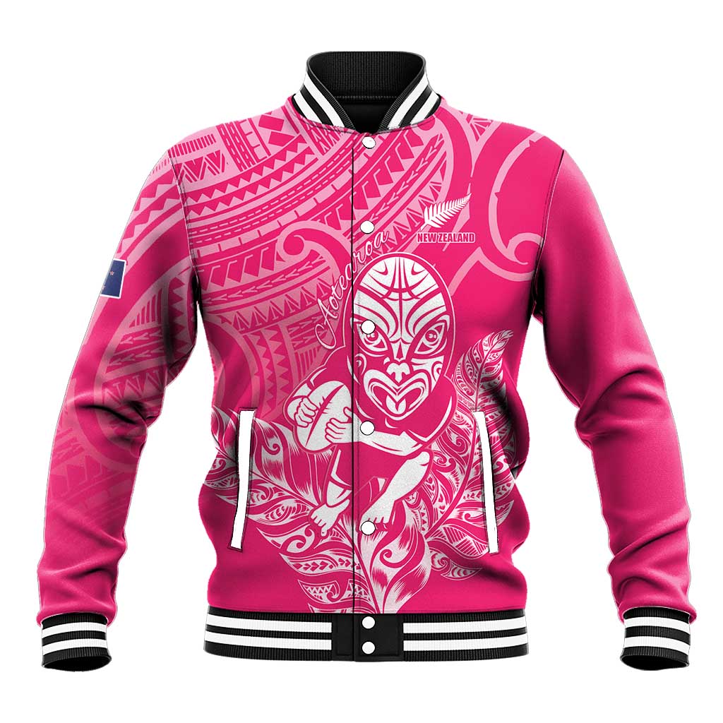 New Zealand Silver Fern Rugby Custom Baseball Jacket Maori Tiki Pink Version LT15 Unisex Pink - Polynesian Pride