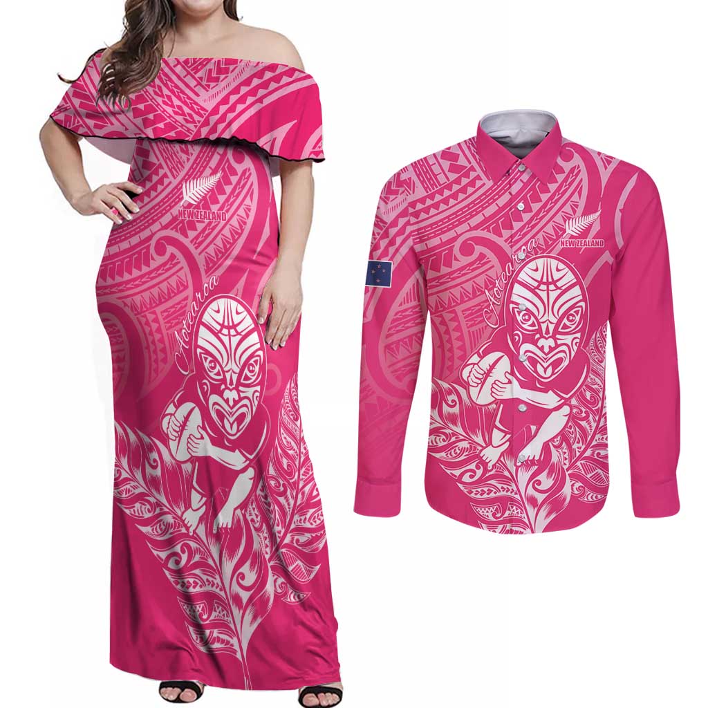 New Zealand Silver Fern Rugby Custom Couples Matching Off Shoulder Maxi Dress and Long Sleeve Button Shirt Maori Tiki Pink Version