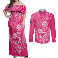 New Zealand Silver Fern Rugby Custom Couples Matching Off Shoulder Maxi Dress and Long Sleeve Button Shirt Maori Tiki Pink Version LT15 Pink - Polynesian Pride