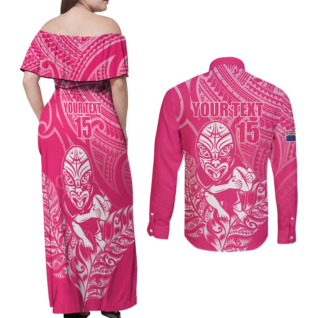 New Zealand Silver Fern Rugby Custom Couples Matching Off Shoulder Maxi Dress and Long Sleeve Button Shirt Maori Tiki Pink Version LT15 - Polynesian Pride