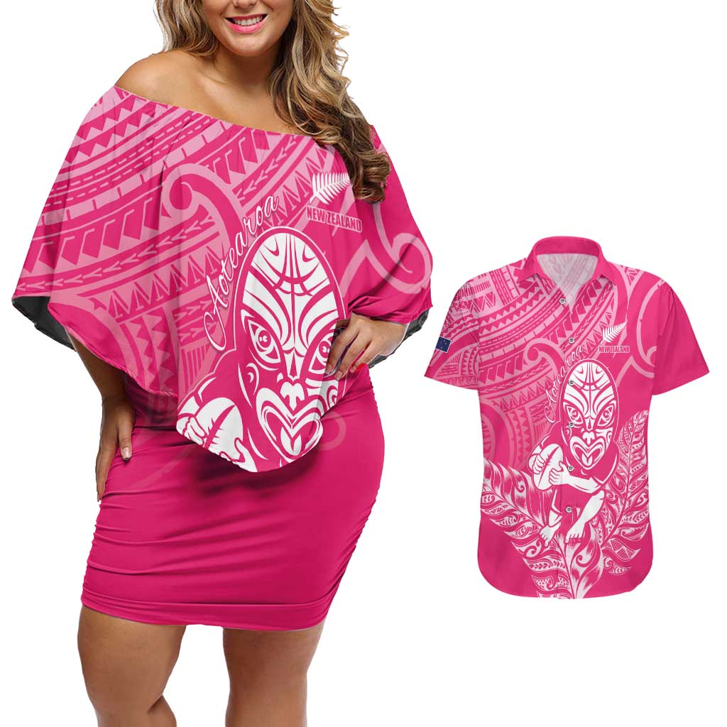 New Zealand Silver Fern Rugby Custom Couples Matching Off Shoulder Short Dress and Hawaiian Shirt Maori Tiki Pink Version LT15 Pink - Polynesian Pride