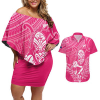 New Zealand Silver Fern Rugby Custom Couples Matching Off Shoulder Short Dress and Hawaiian Shirt Maori Tiki Pink Version LT15 Pink - Polynesian Pride