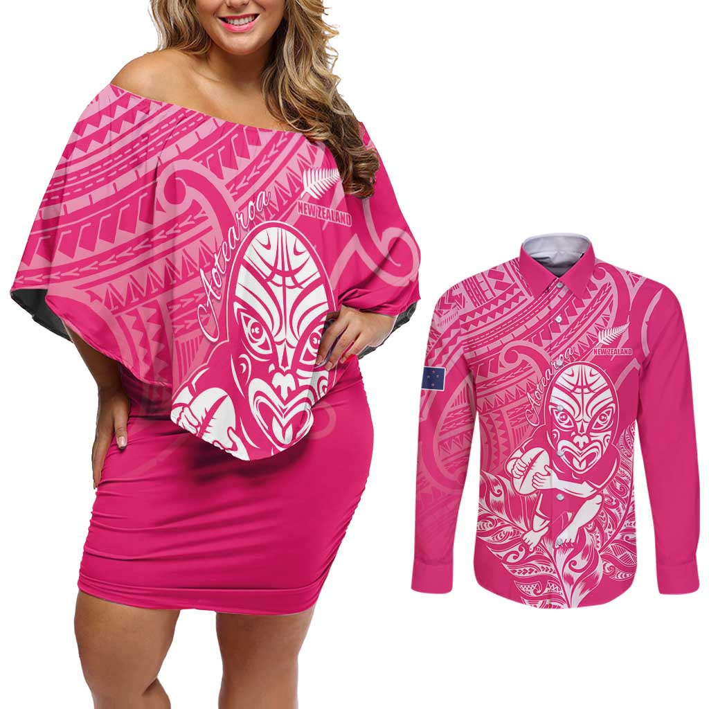 New Zealand Silver Fern Rugby Custom Couples Matching Off Shoulder Short Dress and Long Sleeve Button Shirt Maori Tiki Pink Version LT15 Pink - Polynesian Pride