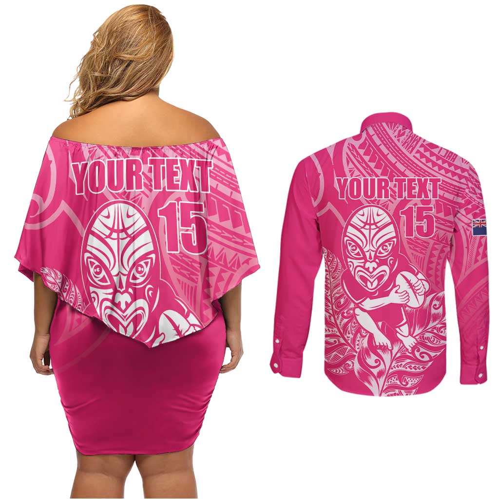New Zealand Silver Fern Rugby Custom Couples Matching Off Shoulder Short Dress and Long Sleeve Button Shirt Maori Tiki Pink Version LT15 - Polynesian Pride