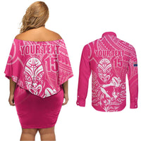 New Zealand Silver Fern Rugby Custom Couples Matching Off Shoulder Short Dress and Long Sleeve Button Shirt Maori Tiki Pink Version LT15 - Polynesian Pride