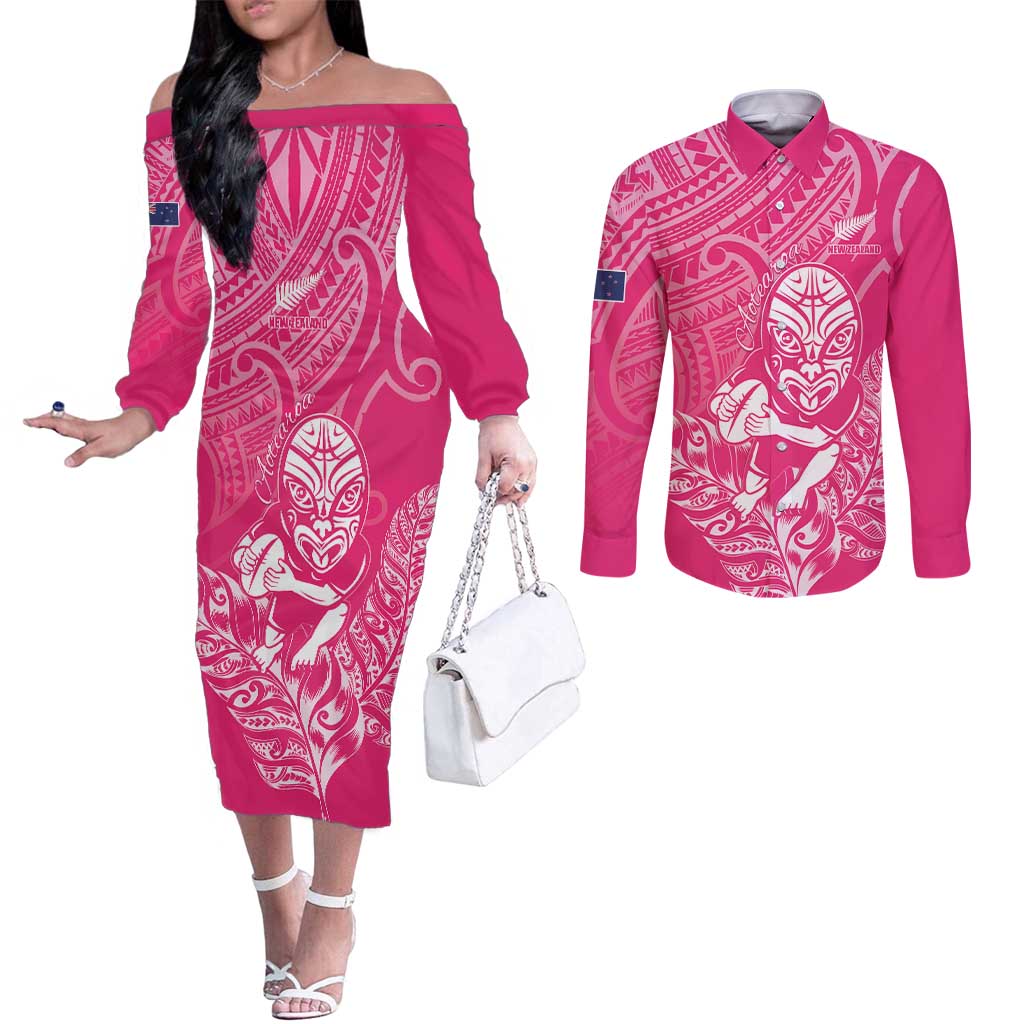 New Zealand Silver Fern Rugby Custom Couples Matching Off The Shoulder Long Sleeve Dress and Long Sleeve Button Shirt Maori Tiki Pink Version